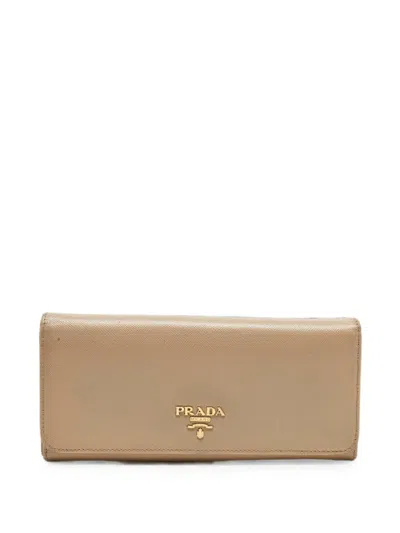 Pre-owned Prada Saffiano-leather Flap Continental Wallet In Neutral