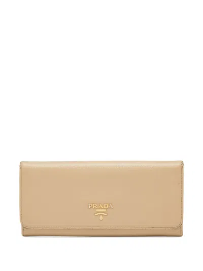 Pre-owned Prada Saffiano-leather Flap Wallet In Neutral