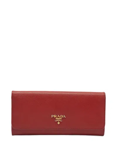 Pre-owned Prada Saffiano-leather Flap Wallet In Red