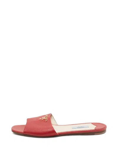 Pre-owned Prada Saffiano-leather Logo-plaque Sandals In Red