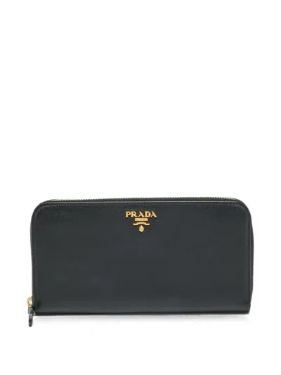 Pre-owned Prada Saffiano-leather Logo-plaque Wallet In Black