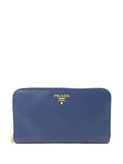 Pre-owned Prada Saffiano-leather Logo-plaque Wallet In Blue