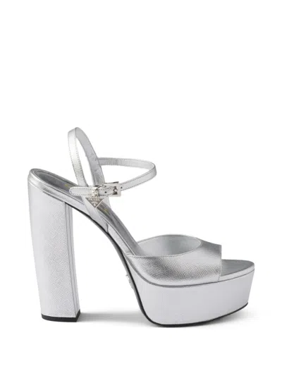 Prada Saffiano-leather Metallic Platform Sandals In Silver