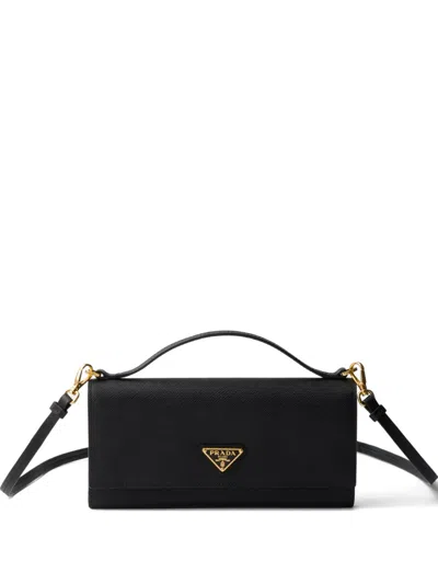 Prada Saffiano-leather Wallet With Shoulder Strap In Black