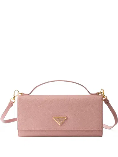 Prada Saffiano-leather Wallet With Shoulder Strap In Pink