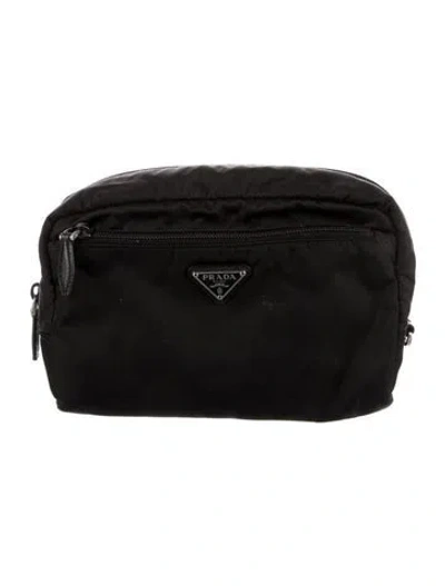 Pre-owned Prada Saffiano-trimmed Vela Necessaire Pouch In Black