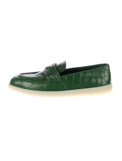 Pre-owned Prada Saint Tropez Enameled Metal Triangle Loafers In Green