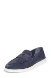 Prada Enamel Triangle Logo Suede Loafers In Bleu