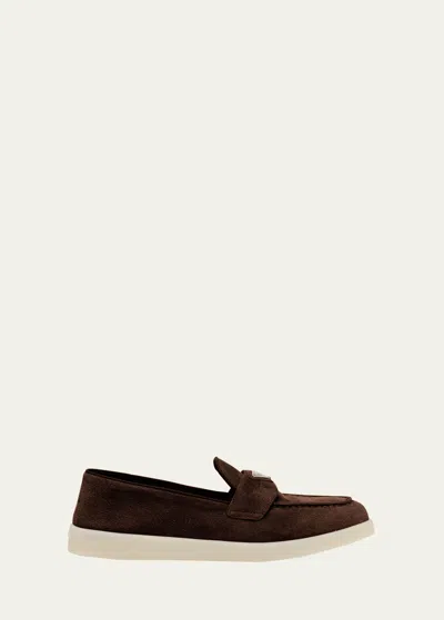 Prada Almond Toe Leather Loafers With Suede Finish In Moro
