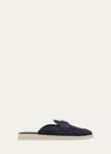 Prada Round Toe Suede Slippers With Rubber Sole In Blue