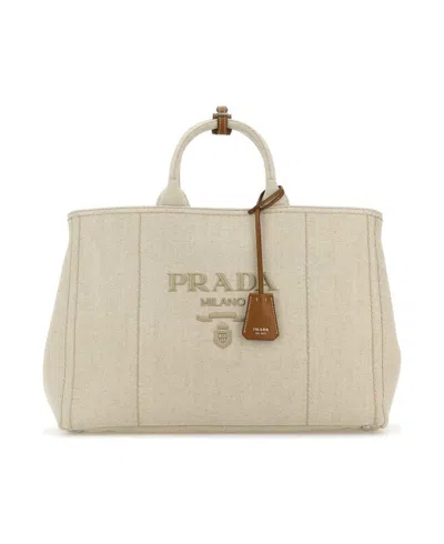 Prada Sand Canvas Extra Large  Jardiniã¨re Shopping Bag In Neutral
