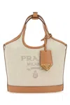 Prada Triangle Shape Canvas Handbag With Leather Trim