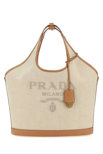 Prada Sand Canvas Handbag In Brown
