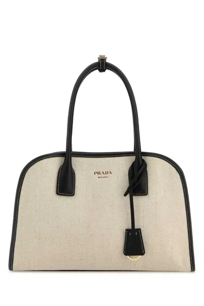 Prada Sand Canvas Medium Shopping Bag In Black