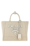 Prada Canvas Shopping Bag With Leather Logo Patch