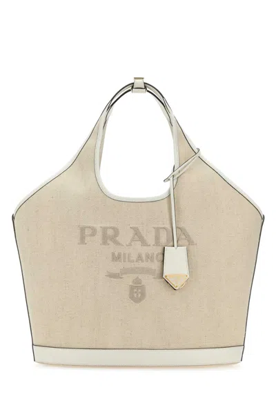 Prada Sand Canvas Shopping Bag In Neutral