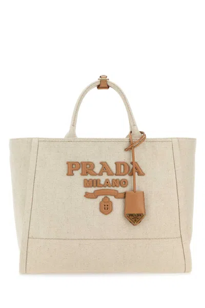 Prada Sand Canvas Shopping Bag In Brown