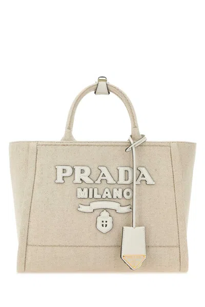 Prada Sand Canvas Shopping Bag In Naturalebianco