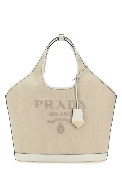 Prada Sand Canvas Shopping Bag In Naturalebianco