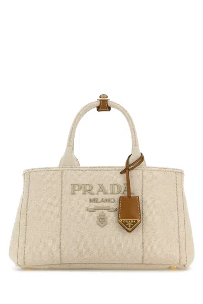 Prada Sand Canvas Shopping Bag In Neutral