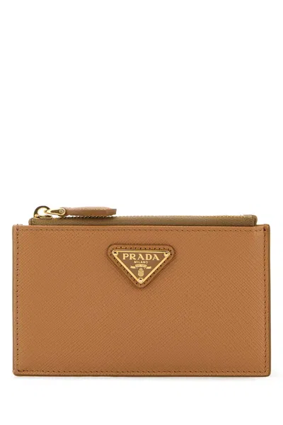 Prada Sand Leather Card Holder In Naturale