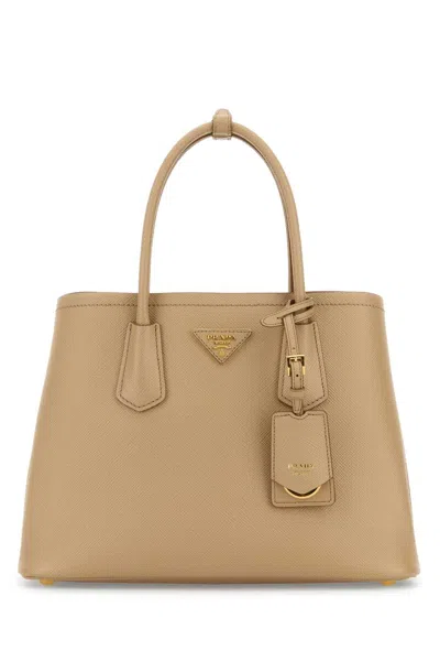 Prada Women Sand Leather Small Double Handbag In Brown