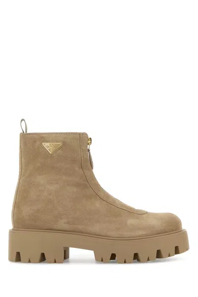 Prada Sand Suede Ankle Boots In Animal Print
