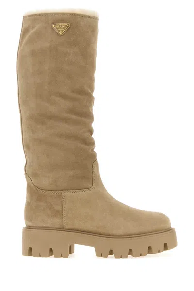 Prada Sand Suede Boots In Red