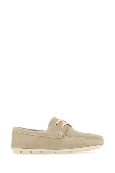 Prada Sand Suede Driver Loafers In Pomice