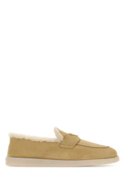 Prada Sand Suede Loafers In Animal Print