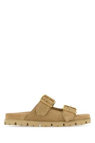 Prada Sand Suede Slippers In Multi