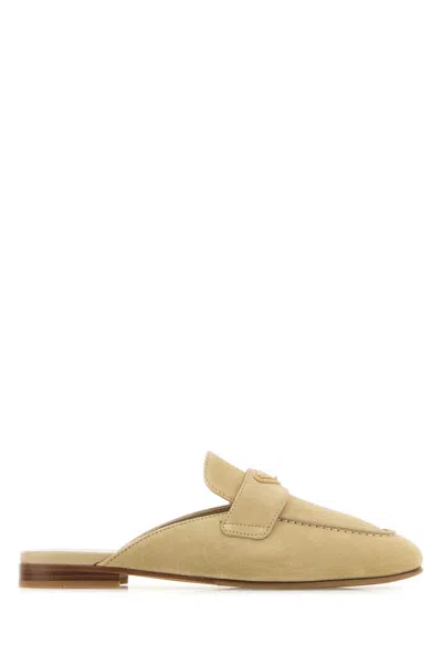 Prada Sand Suede Slippers In Brown