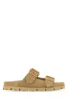 Prada Sand Suede Slippers In Brown