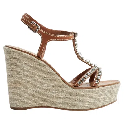 Pre-owned Prada Sandales Compensees Bijou Fr40 Wedge Heels Diamond Sandals Uk6.5 Us9 In Brown