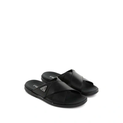 Prada Triangle Logo Criss-cross Sandals In Black