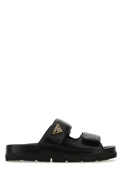 Prada Leather Double-grip Slide Sandals In Black