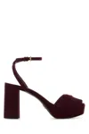 Prada Block Heel Open Toe Sandals With Suede Finish In Burgundy