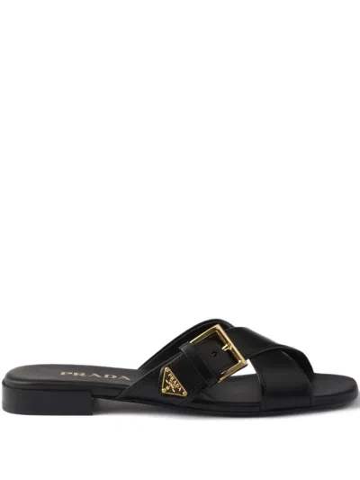 Prada Leather Crisscross Slides With Buckle Shoes In Black