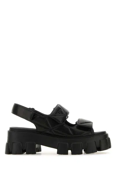 Prada Womens Black Monolith Logo-embroidered Nappa Leather Heeled Sandals Eur 39 / 6 Uk