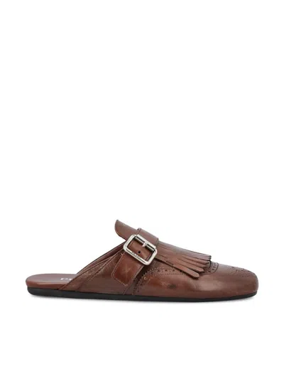 Prada Shuffle Fringed Leather Mules In Brown