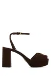 Prada Block Heel Open Toe Sandals With Suede Finish In Brown