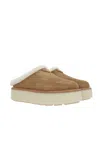 Prada Brown Suede Mules With Shearling Trim And Plush Lining In Blue