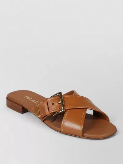 Prada Sandals Cross Strap Design Flat Sole Open Toe In Brown