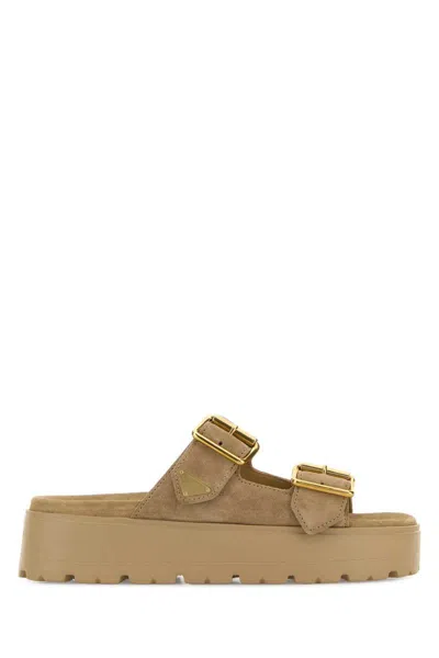 Prada Triangle Logo Suede Dual-buckle Platform Sandals In Neutral