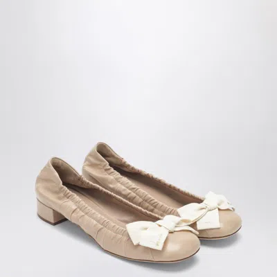 Prada Sandcolored Ballerina Flats With Maxi Bow In Neutral