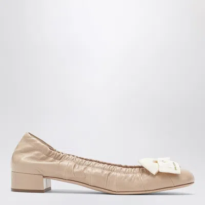 Prada Sand-toned Mini Ballerina Flats With Maxi Bow In Neutral