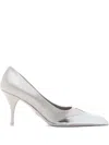 Prada Grey Satin And Metallic Leather Pumps