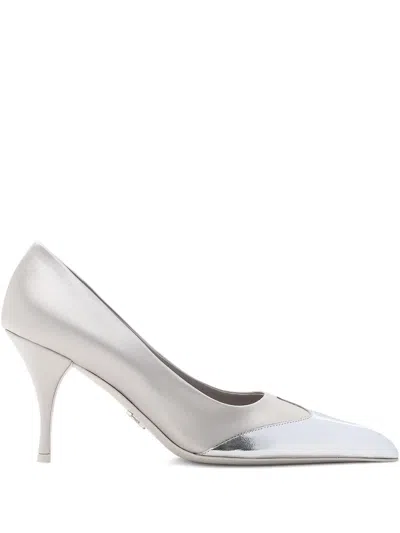 PRADA SATIN AND METALLIC SILVER LEATHER PUMPS