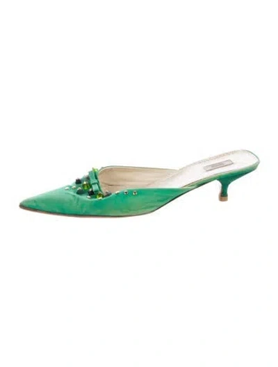 Pre-owned Prada Satin Bow Accents Mules In Green