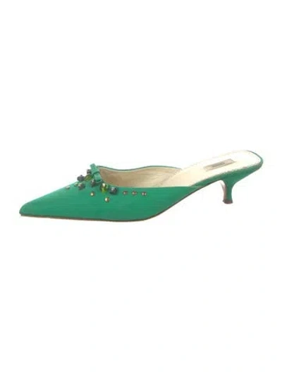Pre-owned Prada Satin Bow Accents Mules In Green